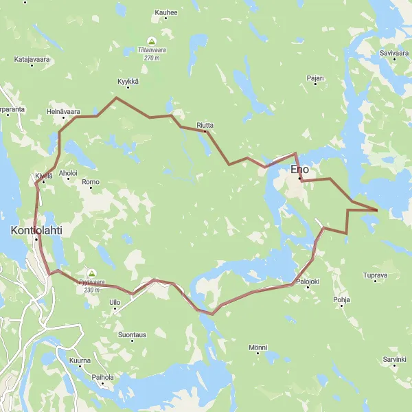 Map miniature of "Eno and Pielisjoki Cycling Challenge" cycling inspiration in Pohjois- ja Itä-Suomi, Finland. Generated by Tarmacs.app cycling route planner