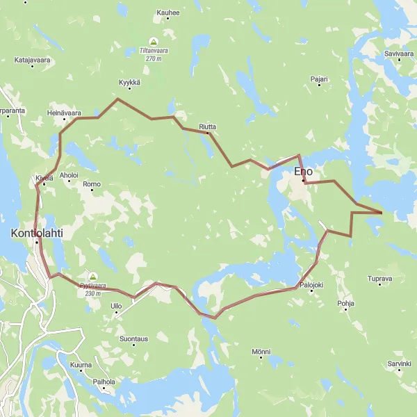 Karttaminiaatyyri "Kontiolahti - Eno - Pielisjoki - Jakokoski - Kontiolahti" pyöräilyinspiraatiosta alueella Pohjois- ja Itä-Suomi, Finland. Luotu Tarmacs.app pyöräilyreittisuunnittelijalla