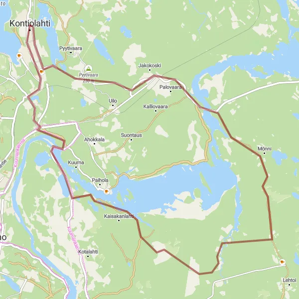 Karttaminiaatyyri "Kontiolahti - Pyytivaara - Jakokoski - Kontiolahti" pyöräilyinspiraatiosta alueella Pohjois- ja Itä-Suomi, Finland. Luotu Tarmacs.app pyöräilyreittisuunnittelijalla