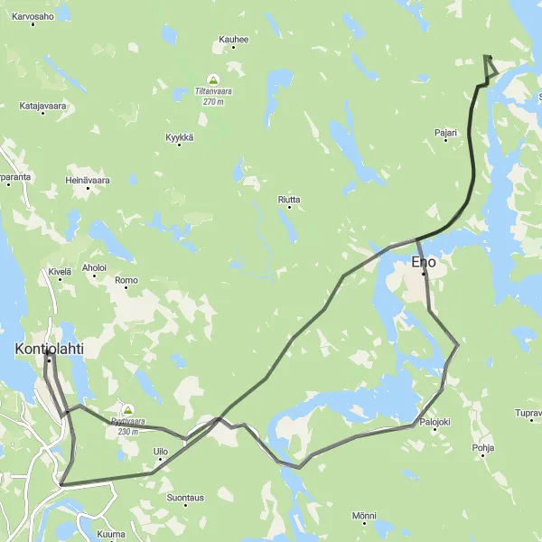 Karttaminiaatyyri "Pohjois-Karjalan kaunis reitti" pyöräilyinspiraatiosta alueella Pohjois- ja Itä-Suomi, Finland. Luotu Tarmacs.app pyöräilyreittisuunnittelijalla