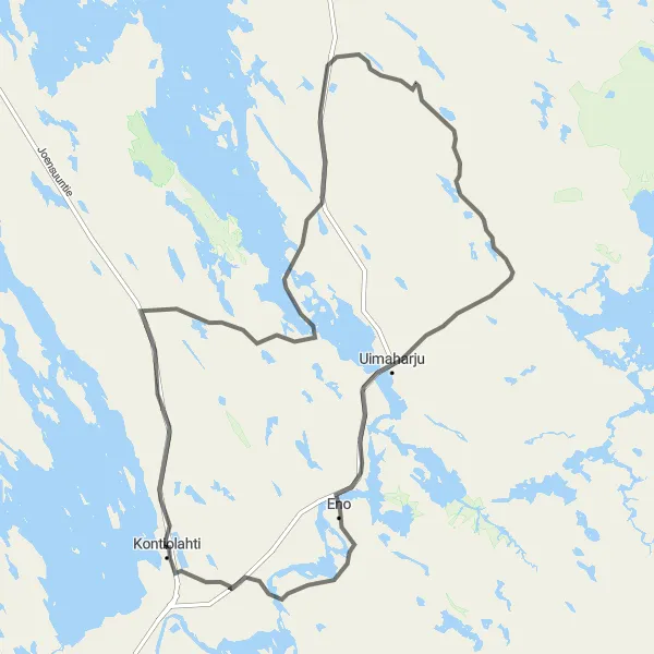 Karttaminiaatyyri "Road-reitti Uimaharjun, Enon, Pielisjoen ja Jakokosken kautta" pyöräilyinspiraatiosta alueella Pohjois- ja Itä-Suomi, Finland. Luotu Tarmacs.app pyöräilyreittisuunnittelijalla