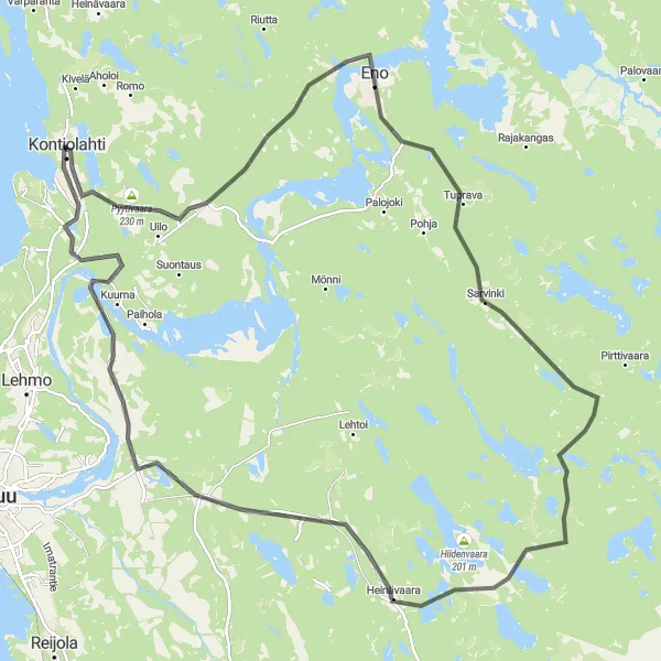 Karttaminiaatyyri "Kontiolahti - Eno - Jakokoski - Pyytivaara" pyöräilyinspiraatiosta alueella Pohjois- ja Itä-Suomi, Finland. Luotu Tarmacs.app pyöräilyreittisuunnittelijalla