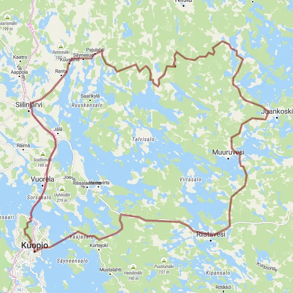 Map miniature of "Idyllic Gravel Adventure" cycling inspiration in Pohjois- ja Itä-Suomi, Finland. Generated by Tarmacs.app cycling route planner