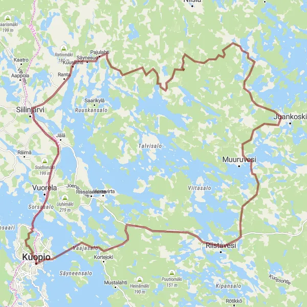 Karttaminiaatyyri "Kuopio - Puijo - Kukkuri - Siilinjärvi - Kiukoonmäki - Kivimäki - Maljalahti" pyöräilyinspiraatiosta alueella Pohjois- ja Itä-Suomi, Finland. Luotu Tarmacs.app pyöräilyreittisuunnittelijalla