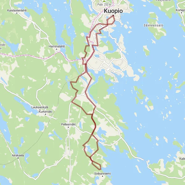 Karttaminiaatyyri "Kuopio - Petosenmäki - Pitkälahti - Huuhanmäki - Vahtivuori" pyöräilyinspiraatiosta alueella Pohjois- ja Itä-Suomi, Finland. Luotu Tarmacs.app pyöräilyreittisuunnittelijalla