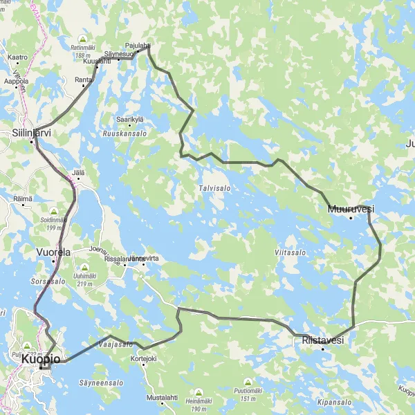 Karttaminiaatyyri "Siilinjärvi - Muuruvesi Round Trip" pyöräilyinspiraatiosta alueella Pohjois- ja Itä-Suomi, Finland. Luotu Tarmacs.app pyöräilyreittisuunnittelijalla