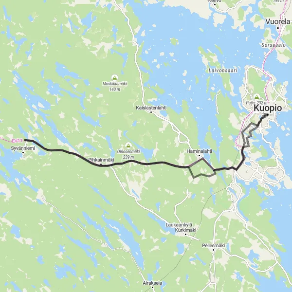 Map miniature of "Kuopio and Multimäki Loop" cycling inspiration in Pohjois- ja Itä-Suomi, Finland. Generated by Tarmacs.app cycling route planner