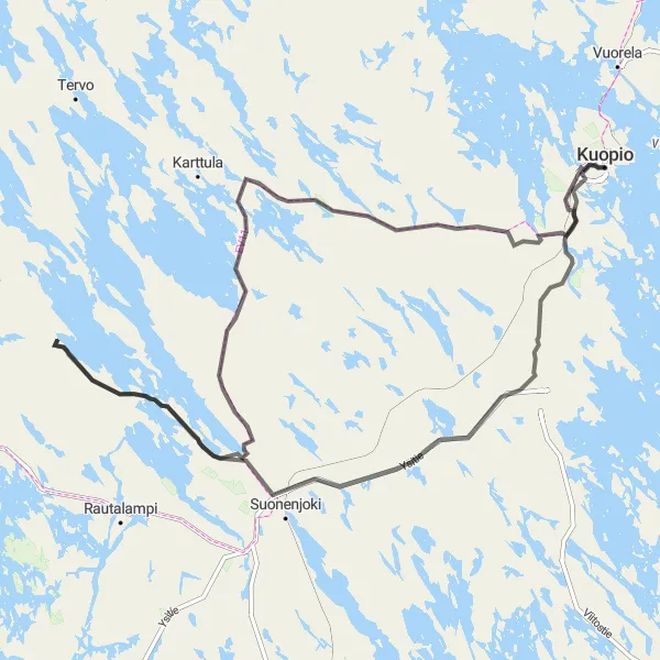 Map miniature of "Kotkankallio and Puijonlaakso Grand Tour" cycling inspiration in Pohjois- ja Itä-Suomi, Finland. Generated by Tarmacs.app cycling route planner