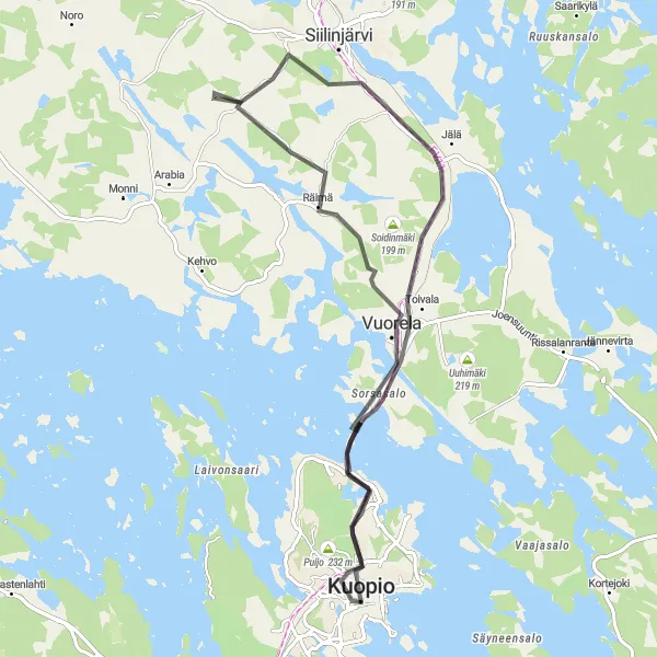 Map miniature of "Roads and Views of Kuopio" cycling inspiration in Pohjois- ja Itä-Suomi, Finland. Generated by Tarmacs.app cycling route planner