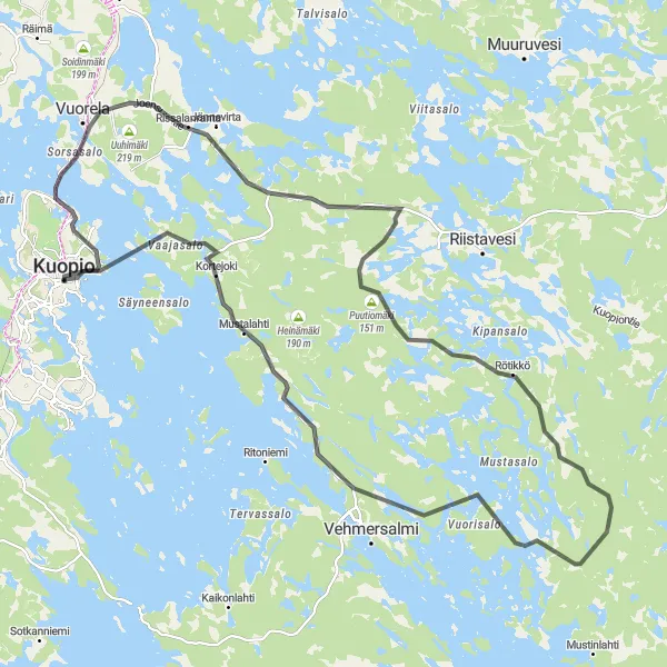 Karttaminiaatyyri "Kuopio - Maljalahti Road Cycling Tour" pyöräilyinspiraatiosta alueella Pohjois- ja Itä-Suomi, Finland. Luotu Tarmacs.app pyöräilyreittisuunnittelijalla