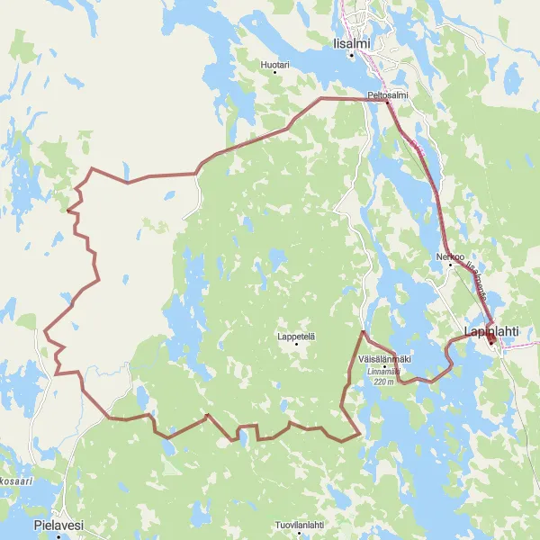 Map miniature of "Lapinlahti - Linnamäki - Kalvø - Peltosalmi - Nerkoo" cycling inspiration in Pohjois- ja Itä-Suomi, Finland. Generated by Tarmacs.app cycling route planner