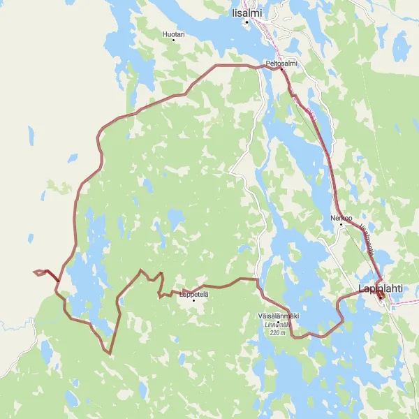 Map miniature of "Lapinlahti - Linnamäki - Kalvø - Peltosalmi - Nerkoo" cycling inspiration in Pohjois- ja Itä-Suomi, Finland. Generated by Tarmacs.app cycling route planner