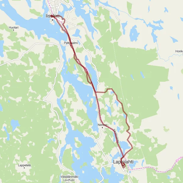 Map miniature of "Lapinlahti - Iisalmi - Peltosalmi" cycling inspiration in Pohjois- ja Itä-Suomi, Finland. Generated by Tarmacs.app cycling route planner