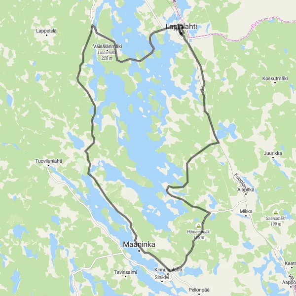 Map miniature of "Lapinlahti to Hurissalo Loop" cycling inspiration in Pohjois- ja Itä-Suomi, Finland. Generated by Tarmacs.app cycling route planner