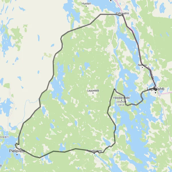 Map miniature of "Pielavesi Circuit" cycling inspiration in Pohjois- ja Itä-Suomi, Finland. Generated by Tarmacs.app cycling route planner