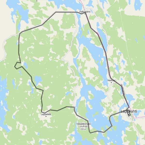 Map miniature of "Lake Lapinlahti Loop" cycling inspiration in Pohjois- ja Itä-Suomi, Finland. Generated by Tarmacs.app cycling route planner
