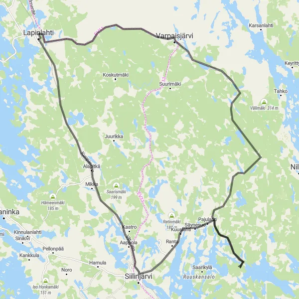 Map miniature of "Varpaisjärvi Exploration" cycling inspiration in Pohjois- ja Itä-Suomi, Finland. Generated by Tarmacs.app cycling route planner