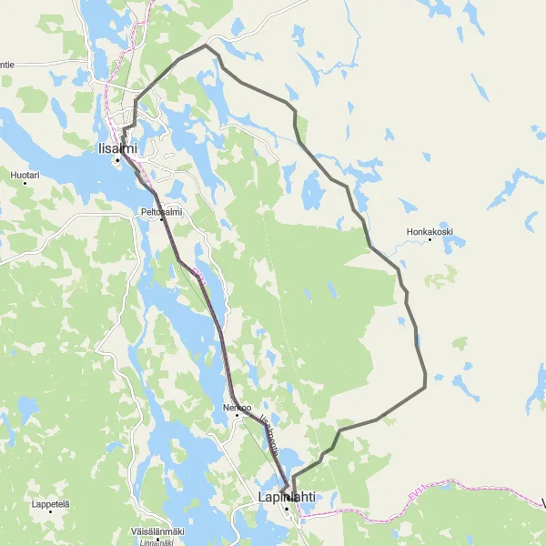 Map miniature of "Iisalmi Adventure Ride" cycling inspiration in Pohjois- ja Itä-Suomi, Finland. Generated by Tarmacs.app cycling route planner