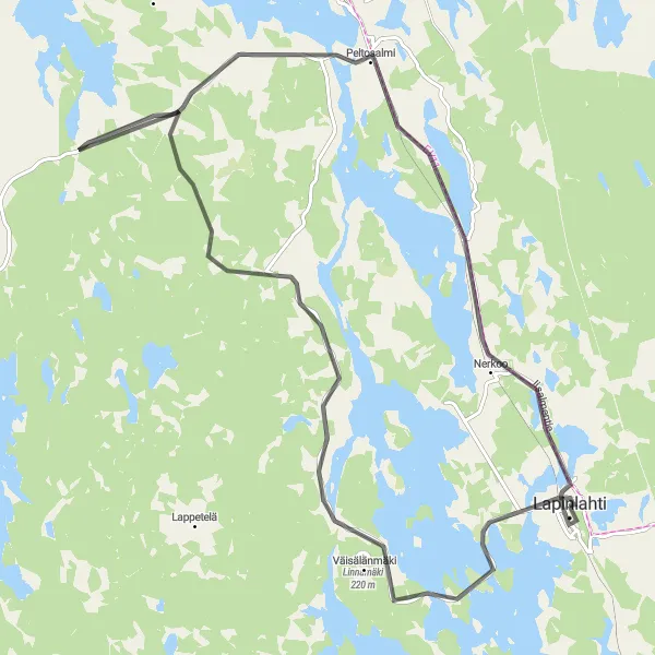 Map miniature of "Peltosalmi Adventure Loop" cycling inspiration in Pohjois- ja Itä-Suomi, Finland. Generated by Tarmacs.app cycling route planner