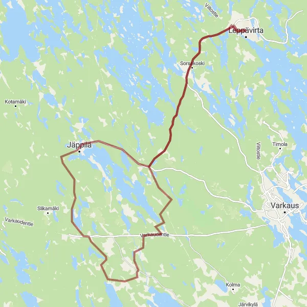Map miniature of "Gravel Adventure to Jäppilä and Sorsakoski" cycling inspiration in Pohjois- ja Itä-Suomi, Finland. Generated by Tarmacs.app cycling route planner