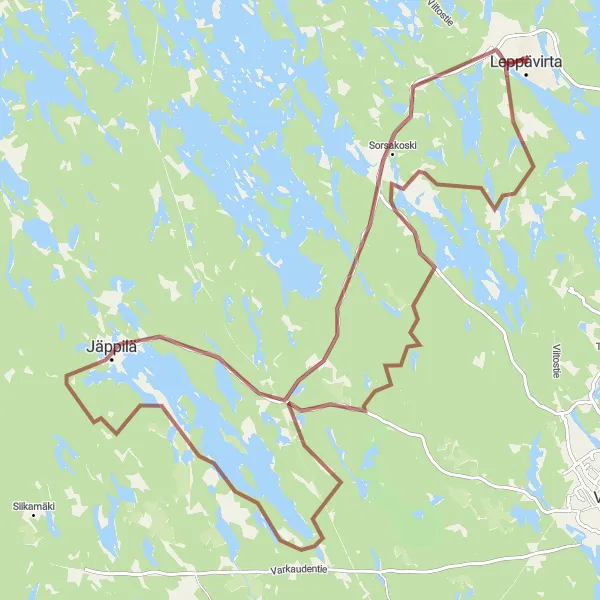 Map miniature of "Scenic Gravel Ride to Sorsakoski and Jäppilä" cycling inspiration in Pohjois- ja Itä-Suomi, Finland. Generated by Tarmacs.app cycling route planner