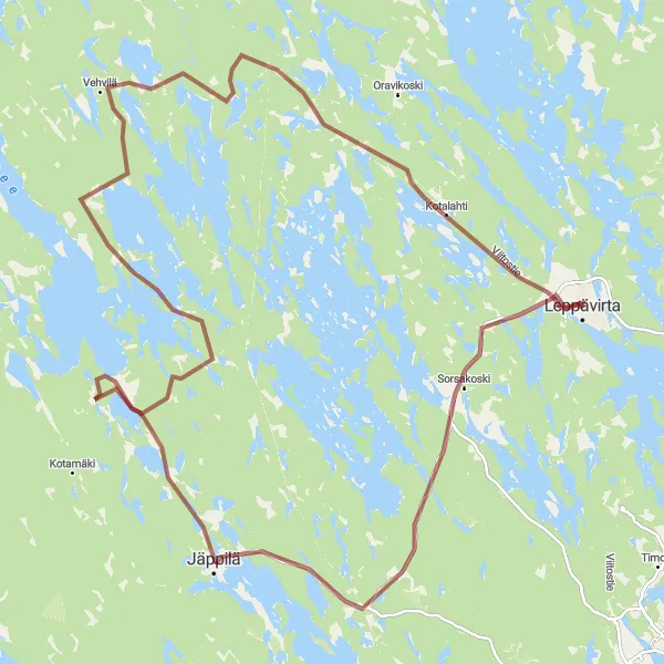 Map miniature of "Tranquil Gravel Ride to Sorsakoski and Jäppilä" cycling inspiration in Pohjois- ja Itä-Suomi, Finland. Generated by Tarmacs.app cycling route planner