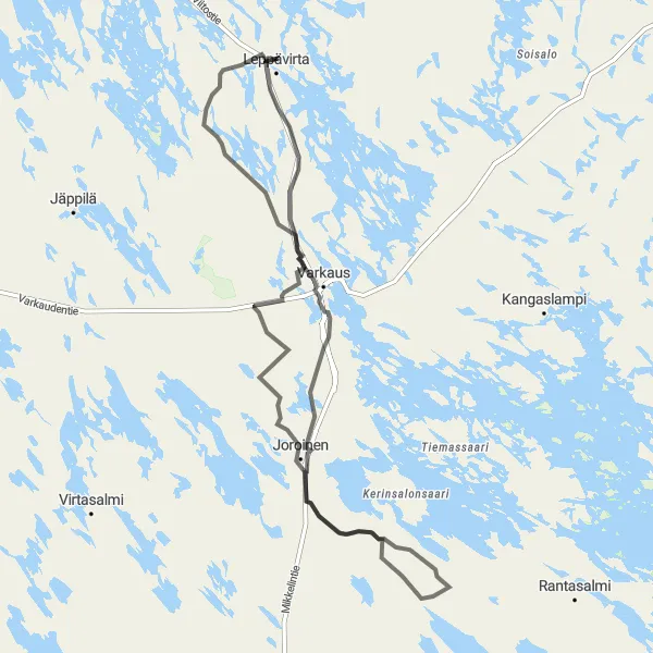 Map miniature of "Leppävirta to Kaura-aho, Joroinen, Häyrilä, and Sorsakoski Road Cycling Route" cycling inspiration in Pohjois- ja Itä-Suomi, Finland. Generated by Tarmacs.app cycling route planner