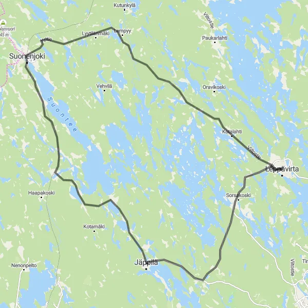 Map miniature of "Leppävirta to Sorsakoski, Jäppilä, Suontee, and Suonenjoki Road Cycling Route" cycling inspiration in Pohjois- ja Itä-Suomi, Finland. Generated by Tarmacs.app cycling route planner
