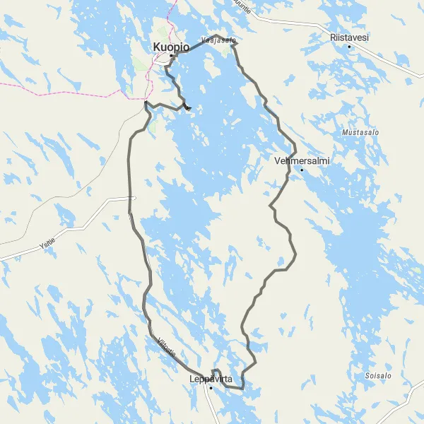 Map miniature of "Leppävirta to Hiltulanlahti, Kuopio, and Kivimäki Road Cycling Route" cycling inspiration in Pohjois- ja Itä-Suomi, Finland. Generated by Tarmacs.app cycling route planner