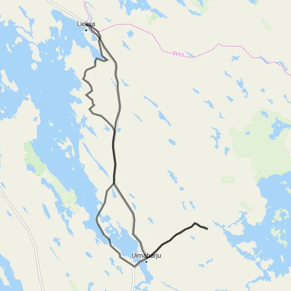 Map miniature of "Lieksa - Uimaharju Circuit" cycling inspiration in Pohjois- ja Itä-Suomi, Finland. Generated by Tarmacs.app cycling route planner