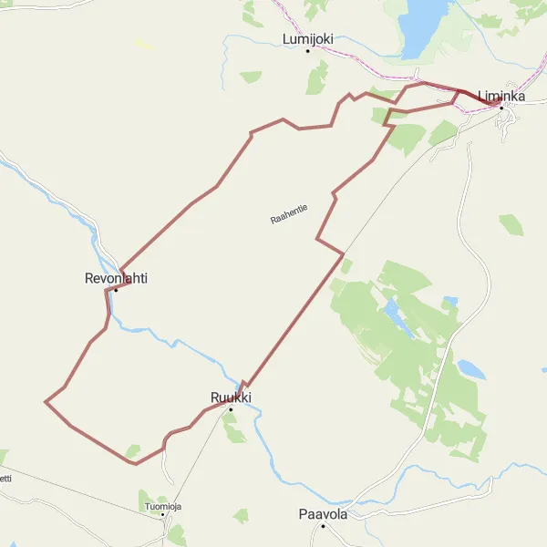 Map miniature of "Ruukki Circuit" cycling inspiration in Pohjois- ja Itä-Suomi, Finland. Generated by Tarmacs.app cycling route planner