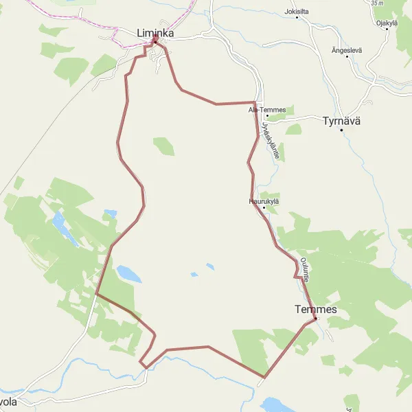 Map miniature of "Discovering the Wilderness Around Liminka" cycling inspiration in Pohjois- ja Itä-Suomi, Finland. Generated by Tarmacs.app cycling route planner