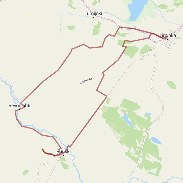 Map miniature of "Gravel Adventure in Liminka" cycling inspiration in Pohjois- ja Itä-Suomi, Finland. Generated by Tarmacs.app cycling route planner