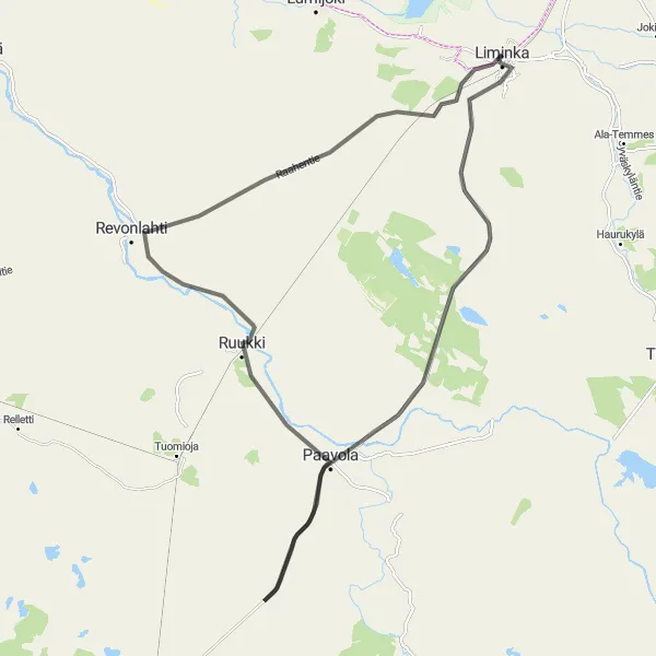 Map miniature of "Heinijärvi - Paavola Circuit" cycling inspiration in Pohjois- ja Itä-Suomi, Finland. Generated by Tarmacs.app cycling route planner