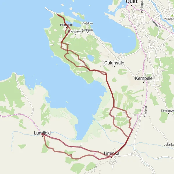 Karttaminiaatyyri "Virkkula-Liminka Gravel Route" pyöräilyinspiraatiosta alueella Pohjois- ja Itä-Suomi, Finland. Luotu Tarmacs.app pyöräilyreittisuunnittelijalla