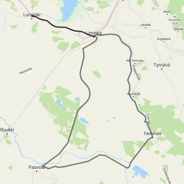 Map miniature of "Lumijoki Road Route" cycling inspiration in Pohjois- ja Itä-Suomi, Finland. Generated by Tarmacs.app cycling route planner