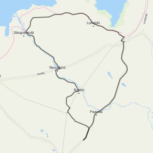 Map miniature of "Tuomioja's Rural Delights" cycling inspiration in Pohjois- ja Itä-Suomi, Finland. Generated by Tarmacs.app cycling route planner