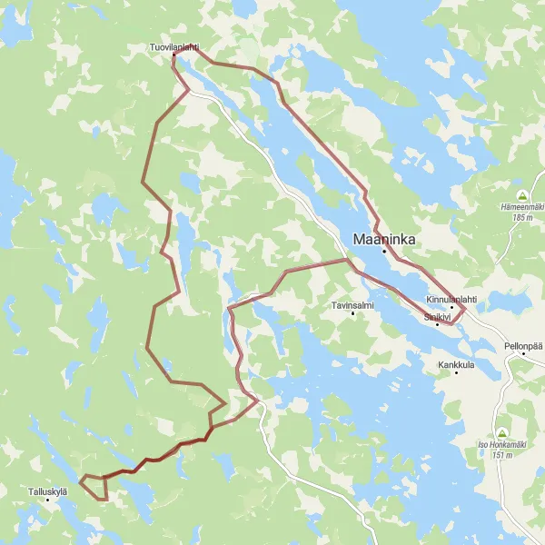 Map miniature of "Lake Maaninka Gravel Ride" cycling inspiration in Pohjois- ja Itä-Suomi, Finland. Generated by Tarmacs.app cycling route planner