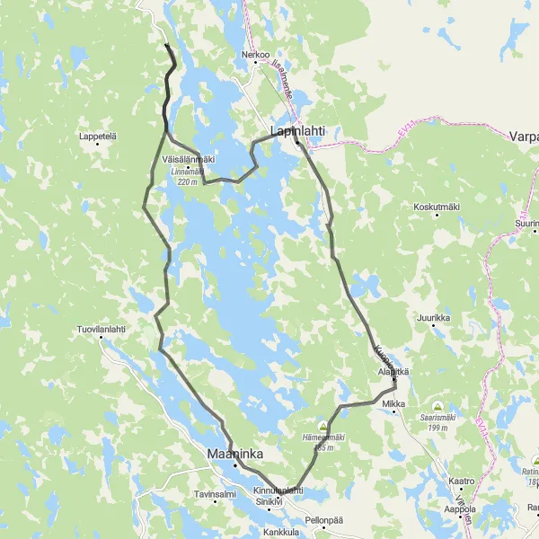 Karttaminiaatyyri "Kiertue Maaningan järvien ympäri" pyöräilyinspiraatiosta alueella Pohjois- ja Itä-Suomi, Finland. Luotu Tarmacs.app pyöräilyreittisuunnittelijalla