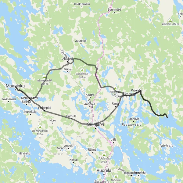 Karttaminiaatyyri "Northern Lakes Loop" pyöräilyinspiraatiosta alueella Pohjois- ja Itä-Suomi, Finland. Luotu Tarmacs.app pyöräilyreittisuunnittelijalla