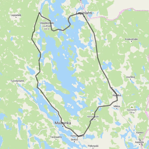 Map miniature of "The Maaninka Escape" cycling inspiration in Pohjois- ja Itä-Suomi, Finland. Generated by Tarmacs.app cycling route planner