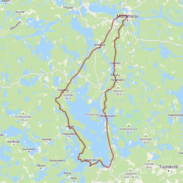 Karttaminiaatyyri "Mäntyharjun ympäri - seikkailijan unelma" pyöräilyinspiraatiosta alueella Pohjois- ja Itä-Suomi, Finland. Luotu Tarmacs.app pyöräilyreittisuunnittelijalla