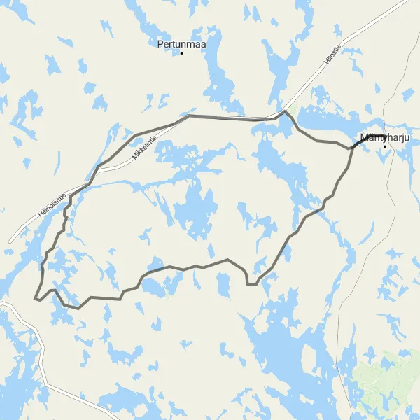 Map miniature of "Mäntyharju - Koskio - Koirakivi - Pyhäkosken laavu" cycling inspiration in Pohjois- ja Itä-Suomi, Finland. Generated by Tarmacs.app cycling route planner