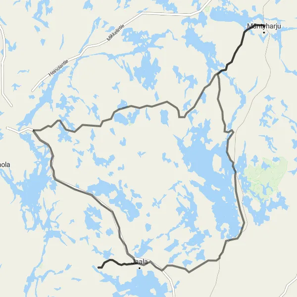 Map miniature of "Mäntyharju - Linjanmäki - Hillosensalmi - Vuohijärvi - Karhianmäki - Ilvesvuori - Jaala - Suurmäki" cycling inspiration in Pohjois- ja Itä-Suomi, Finland. Generated by Tarmacs.app cycling route planner