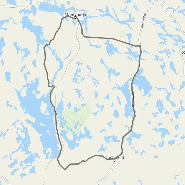Map miniature of "Mäntyharju - Tuohikotti - Likolammin torni - Vuohijärvi - Hillosensalmi - Linjanmäki" cycling inspiration in Pohjois- ja Itä-Suomi, Finland. Generated by Tarmacs.app cycling route planner