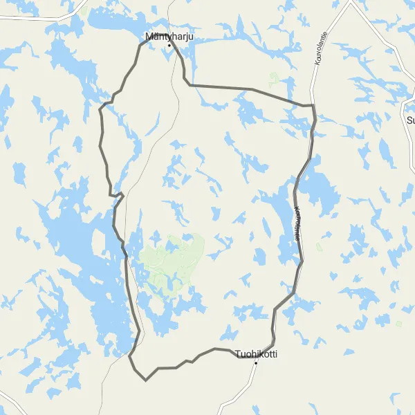 Map miniature of "Inspiring Forests and Lakes" cycling inspiration in Pohjois- ja Itä-Suomi, Finland. Generated by Tarmacs.app cycling route planner