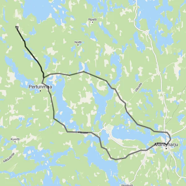 Karttaminiaatyyri "Tarinallinen Mäntyharju" pyöräilyinspiraatiosta alueella Pohjois- ja Itä-Suomi, Finland. Luotu Tarmacs.app pyöräilyreittisuunnittelijalla