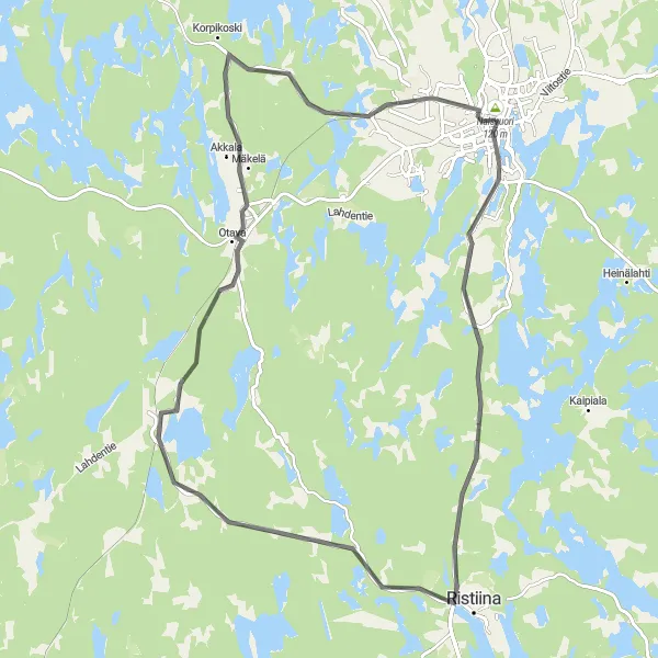 Karttaminiaatyyri "Tien päällä Mikkelin tienoilla" pyöräilyinspiraatiosta alueella Pohjois- ja Itä-Suomi, Finland. Luotu Tarmacs.app pyöräilyreittisuunnittelijalla