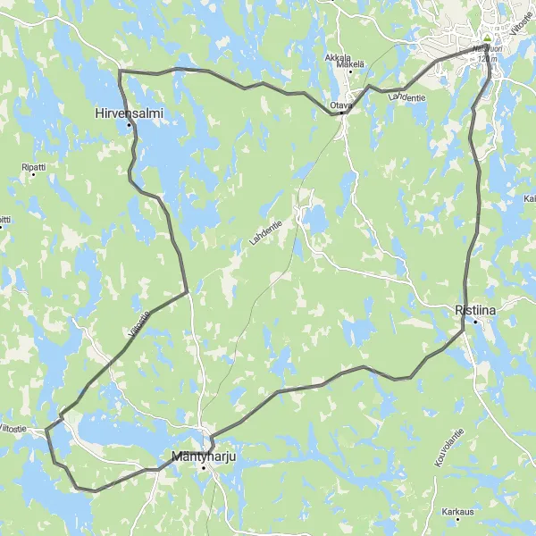 Karttaminiaatyyri "Mäntyharju Discovery" pyöräilyinspiraatiosta alueella Pohjois- ja Itä-Suomi, Finland. Luotu Tarmacs.app pyöräilyreittisuunnittelijalla