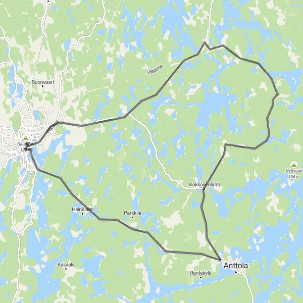 Karttaminiaatyyri "Haastava maantiekiertue Naisvuoren maisemissa" pyöräilyinspiraatiosta alueella Pohjois- ja Itä-Suomi, Finland. Luotu Tarmacs.app pyöräilyreittisuunnittelijalla